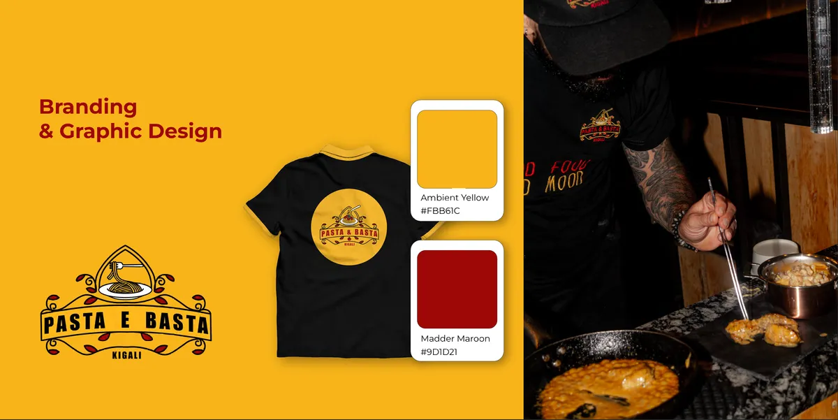 Pasta e Basta restaurant brand identity — logo, merchandise, and graphic design by YNK Studios Kigali